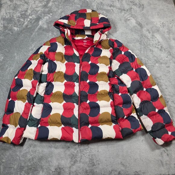Marimekko Uniqlo Jacket Womens XL Red Polka Dot Ultra Light Down Puffer Hooded - Picture 1 of 13